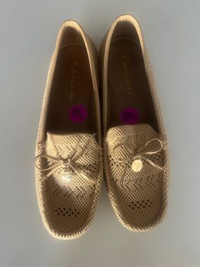 Tahari Metallic Gold Knit Bow Loafers